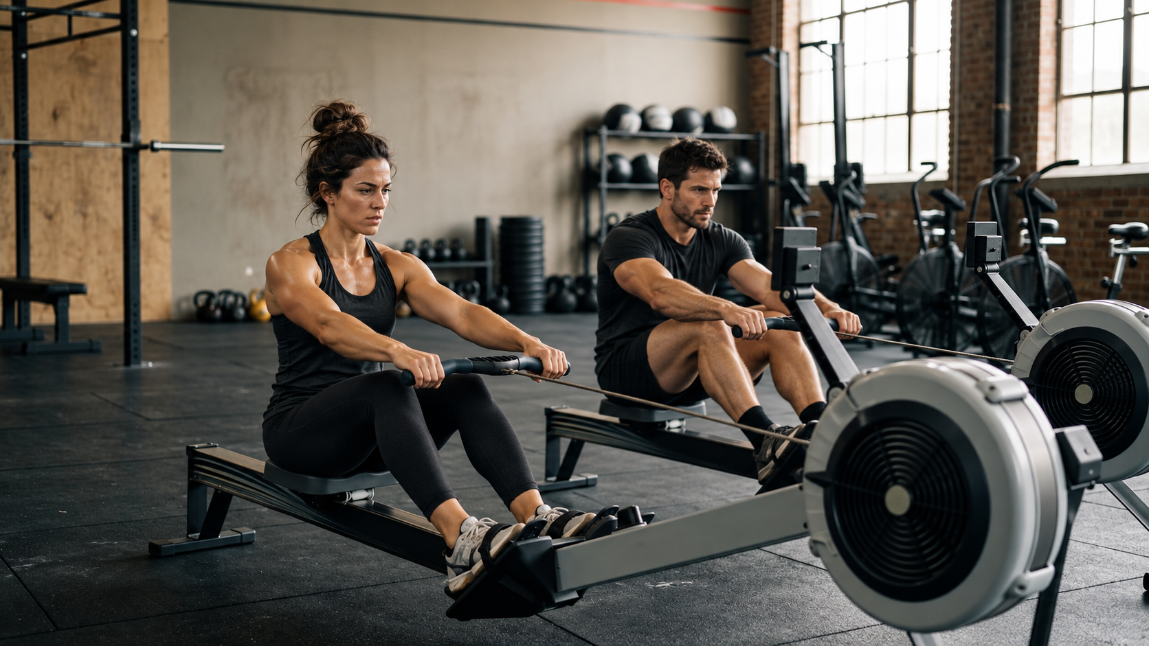 Athlete rowing on a rowing ergometer in a gym